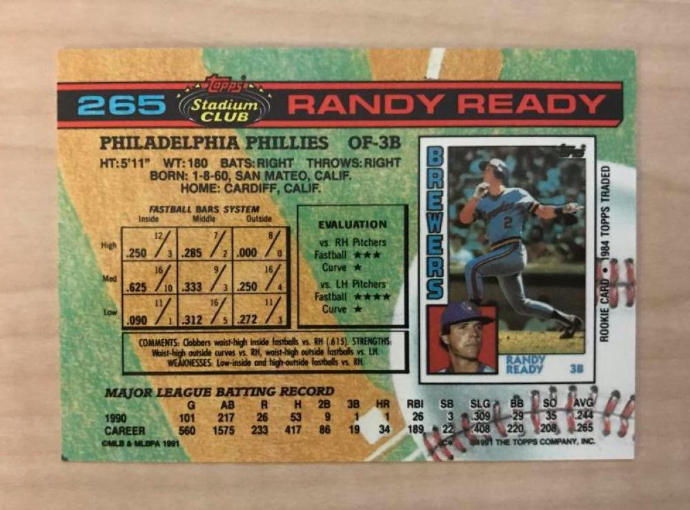 RANDY READY PHILADELPHIA PHILLIES AUTOGRAPHED 1991 TOPPS CARD #265 W/COA