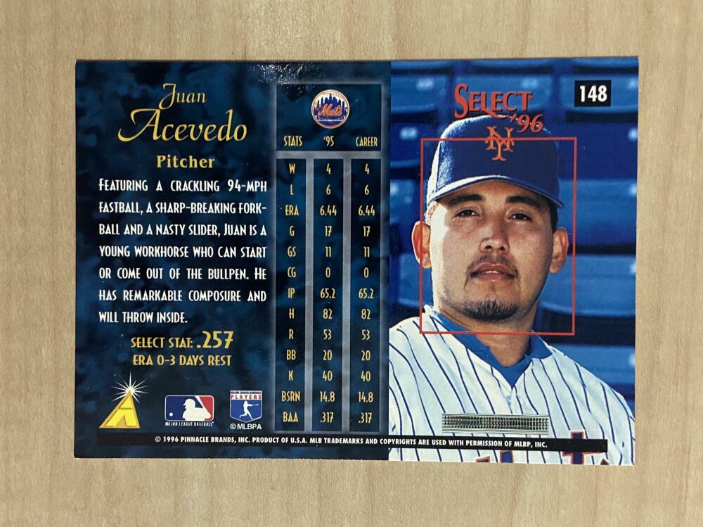 JUAN ACEVEDO NEW YORK METS SIGNED AUTOGRAPHED 1996 SELECT CARD #148 W/COA