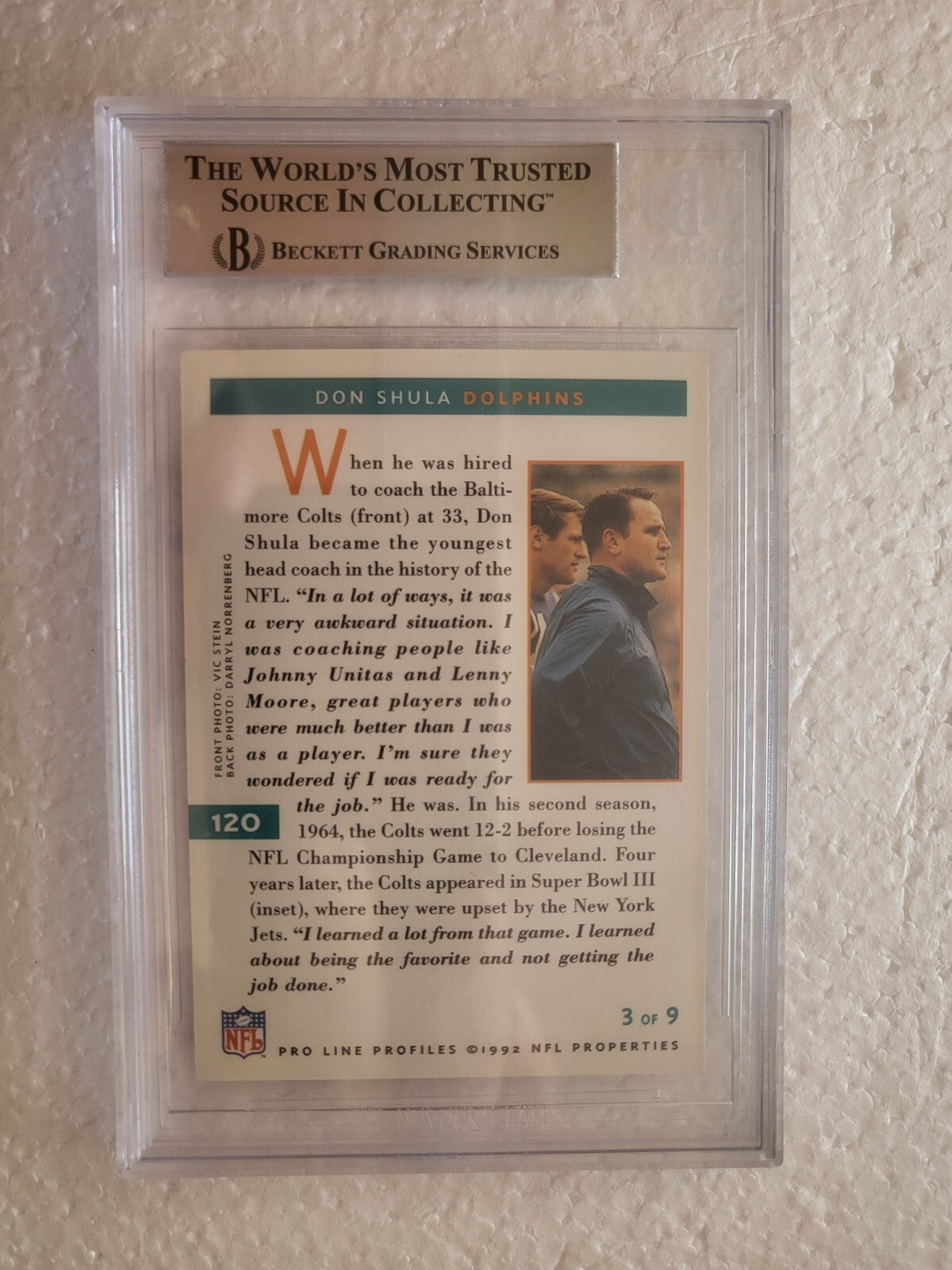 1992 PRO LINE DON SHULA MIAMI DOLPHINS SIGNED AUTOGRAPHED #120 CARD BECKETT