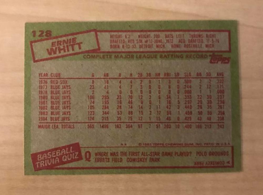 ERNIE WHITT TORONTO BLUE JAYS SIGNED AUTOGRAPHED 1985 TOPPS CARD #128 W/COA