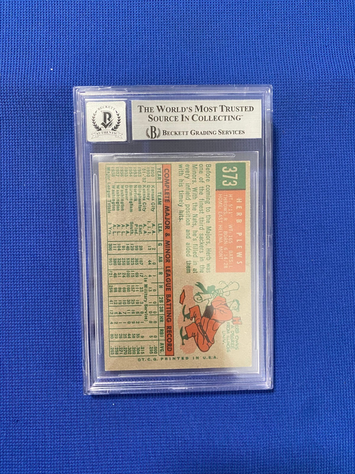 1959 TOPPS HERB PLEWS SENATORS SIGNED AUTOGRAPHED CARD #373 BECKETT 10 AUTO