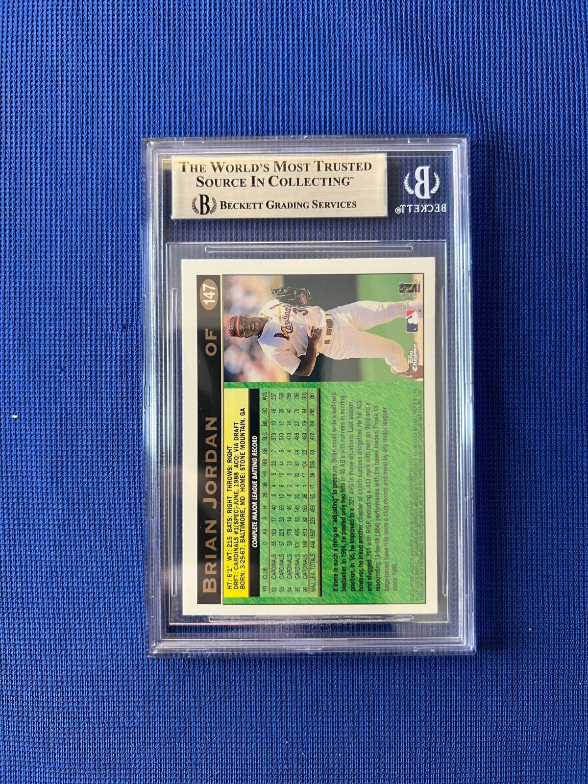 1997 TOPPS CHROME BRIAN JORDAN ST. LOUIS CARDINALS SIGNED AUTOGRAPH #147 BECKETT