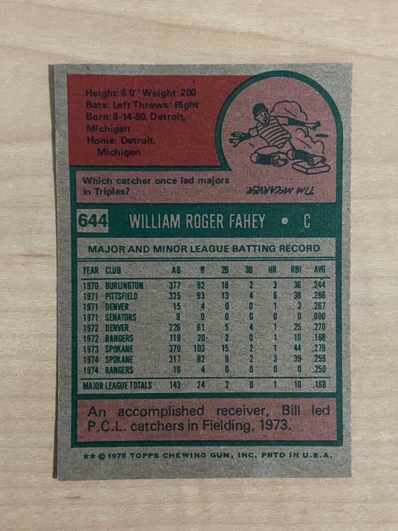 BILL FAHEY TEXAS RANGERS SIGNED AUTOGRAPHED 1975 TOPPS CARD #644 W/COA