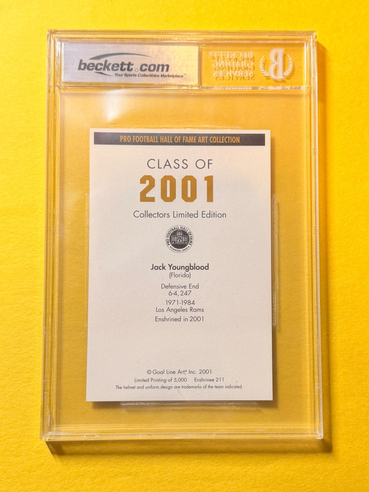 2001 GOAL LINE HOF JACK YOUNGBLOOD #211 SIGNED ART BECKETT AUTHENTIC "HOF 01"