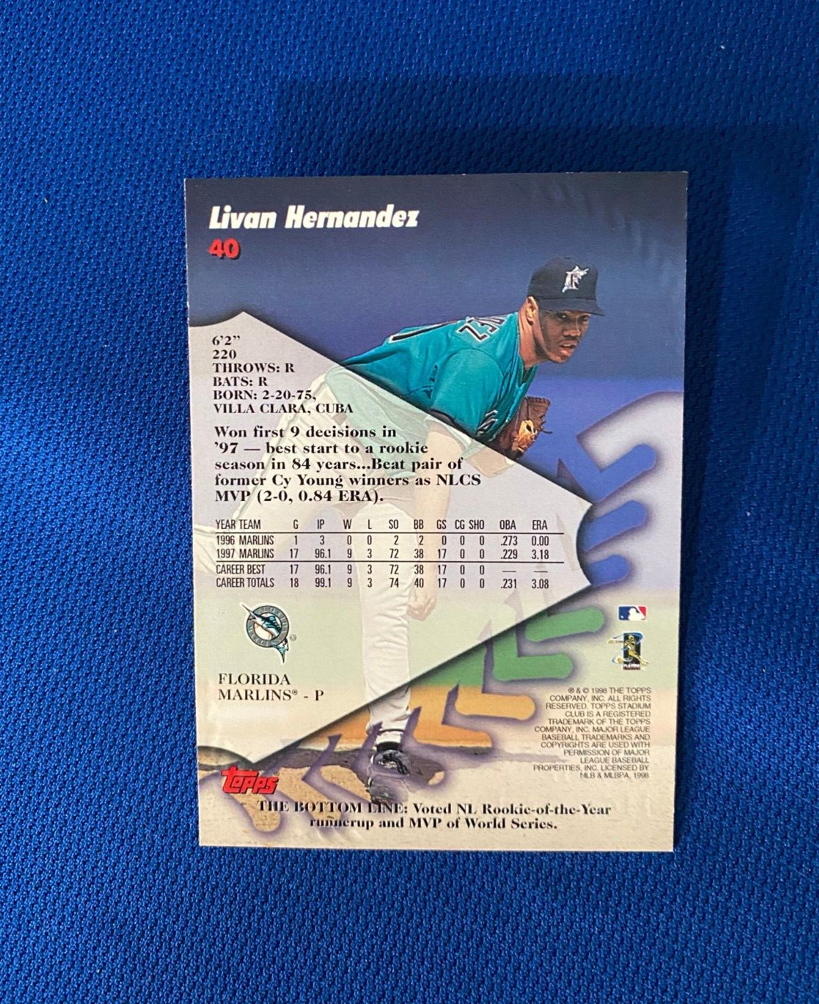 1998 STADIUM CLUB LIVAN HERNANDEZ MARLINS AUTOGRAPHED SIGNED CARD #40 W/COA