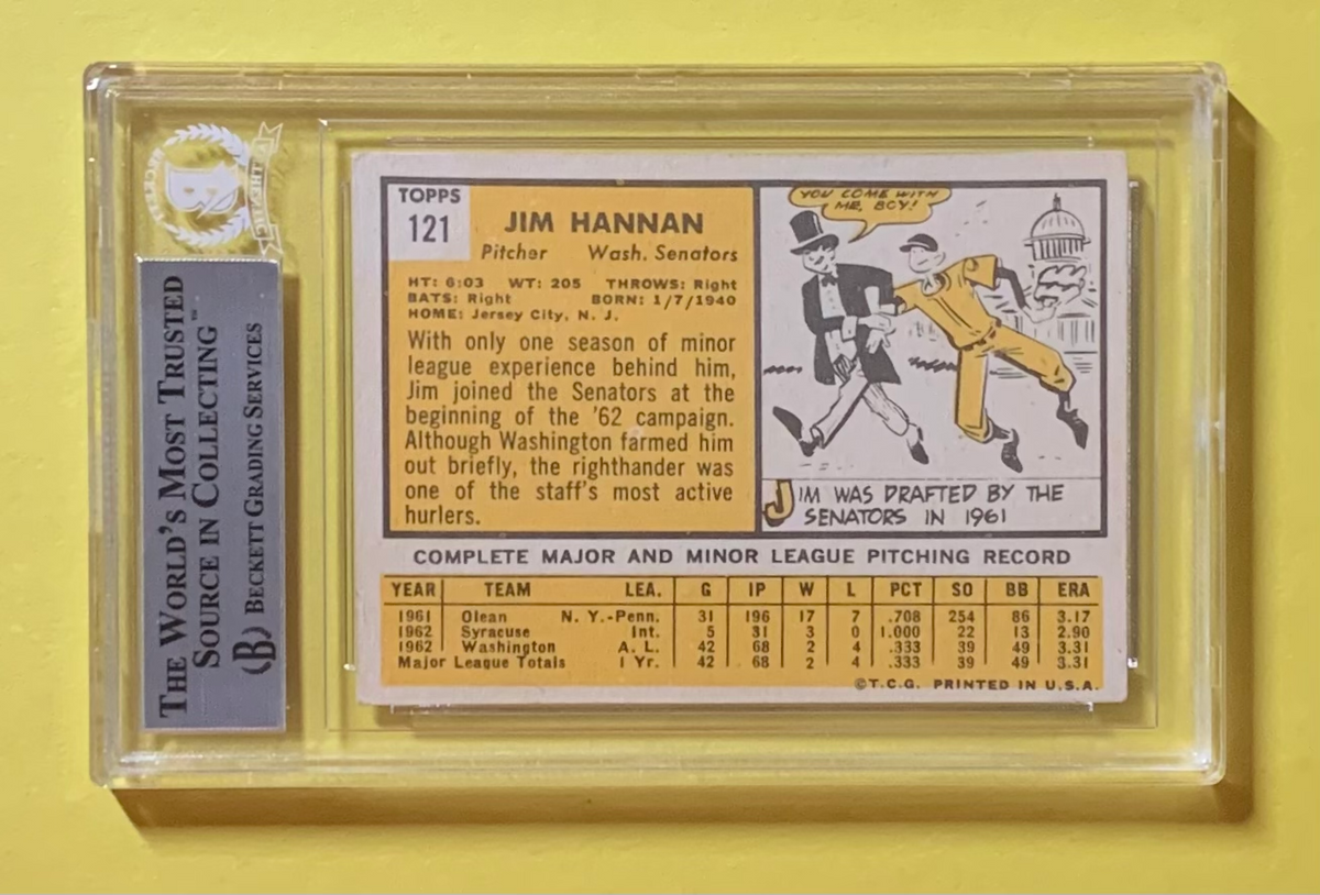 1963 TOPPS JIM HANNAN #121 AUTHENTIC AUTO BECKETT CERTIFIED SENATORS