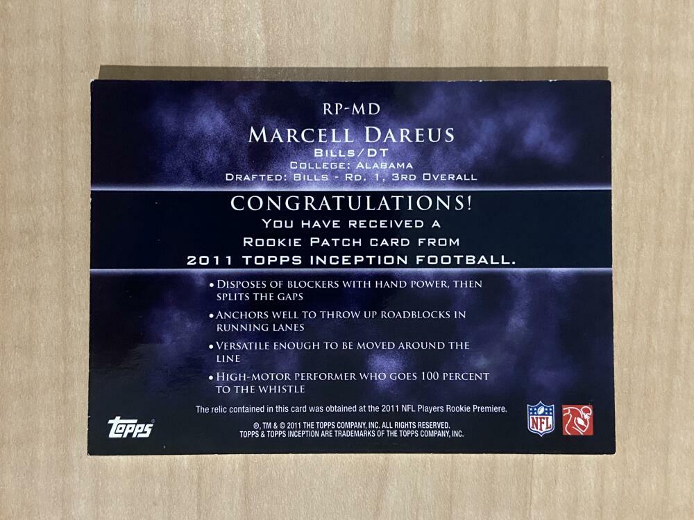 MARCELL DAREUS BUFFALO BILLS 2011 TOPPS INCEPTIONS PATCH 46/75 CARD #RP-MD