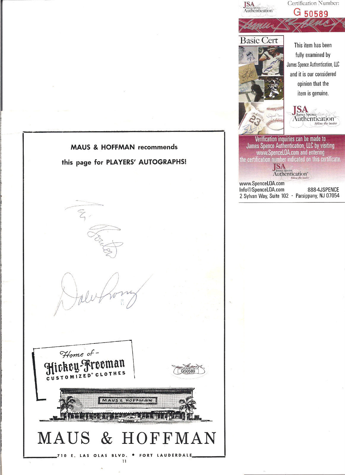 DALE LONG & JIM BOUTON NEW YORK YANKEES AUTOGRAPHED PROGRAM PAGE W/JSA CERT.
