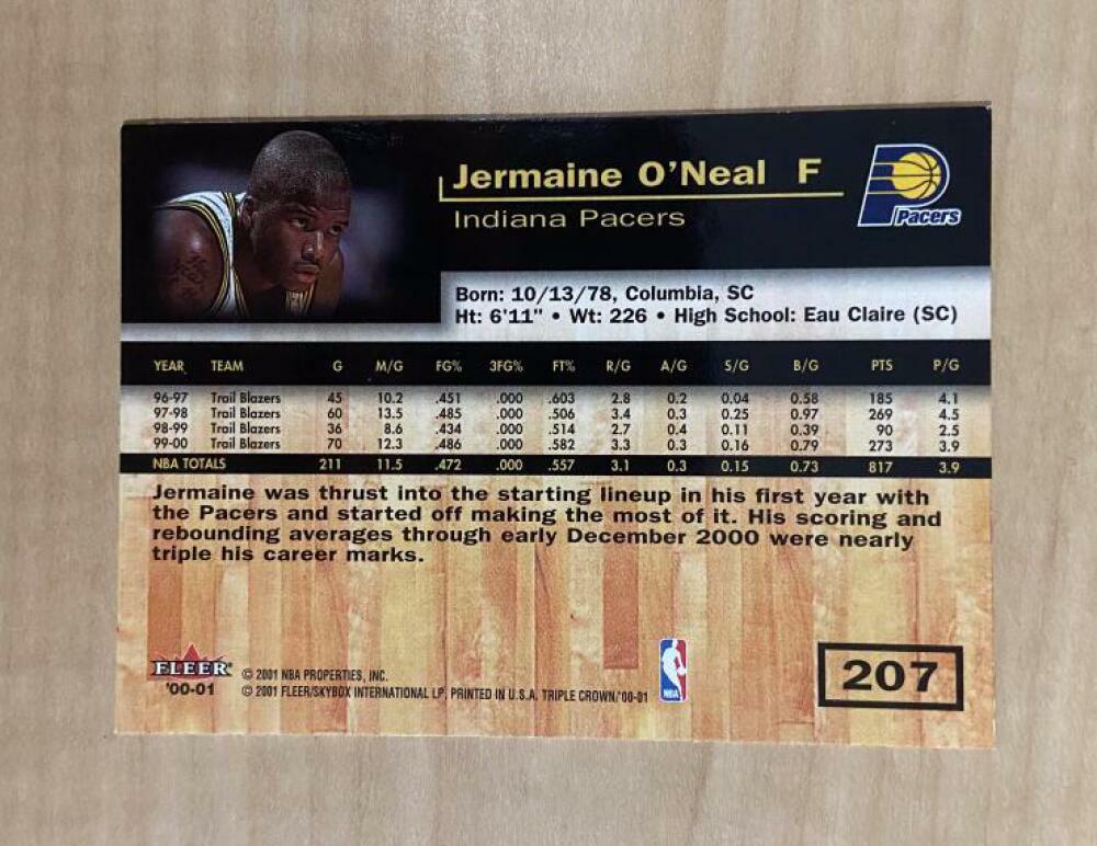 JERMAINE ONEAL INDIANA PACERS SIGNED AUTOGRAPHED 00-01 FLEER CARD #207 W/COA