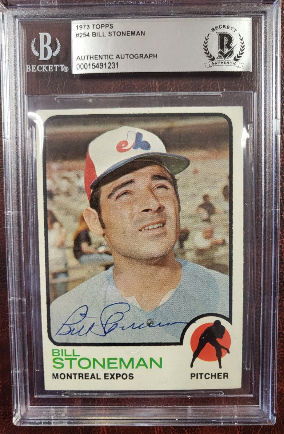 1973 TOPPS BILL STONEMAN EXPOS SIGNED AUTOGRAPH #254 CARD BECKETT AUTH