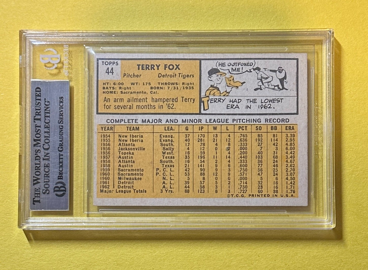1963 TOPPS TERRY FOX #44 BECKETT AUTHENTIC SIGNED AUTOGRAPH CARD TIGERS