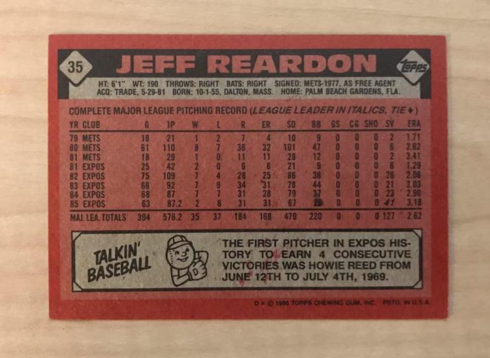 JEFF REARDON MONTREAL EXPOS SIGNED AUTOGRAPHED 1986 TOPPS CARD #35 W/COA