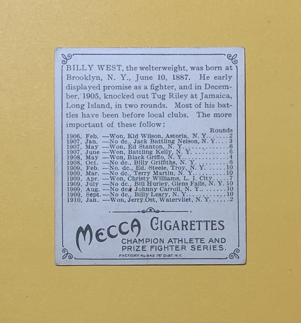 1910 T220 MECCA CIGARETTES BILLY WEST CARD 