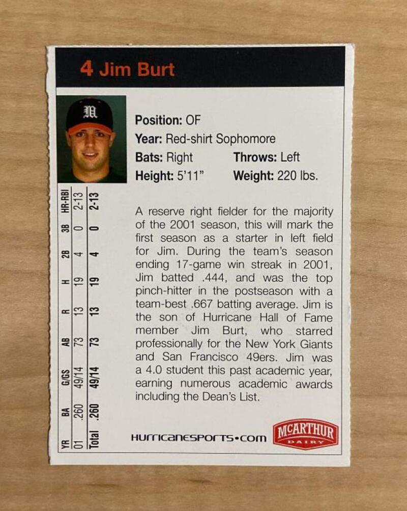 JIM BURT MIAMI HURRICANES SIGNED AUTOGRAPHED 2002 MCARTHUR DAIRY CARD #4 W/COA