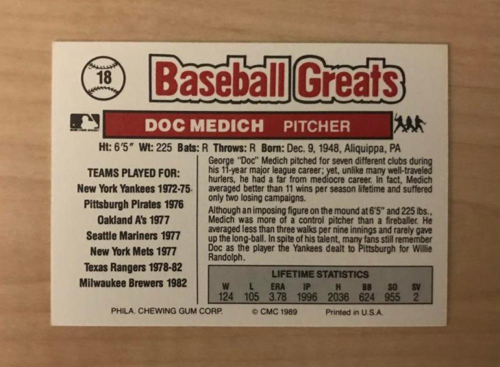 DOC MEDICH TEXAS RANGERS SIGNED AUTOGRAPHED 1989 SWELL CARD #18 W/COA