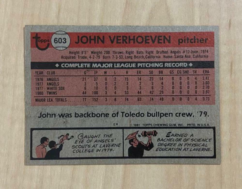 JOHN VERHOEVEN MINNESOTA TWINS SIGNED AUTOGRAPHED 1981 TOPPS CARD #603 W/COA 