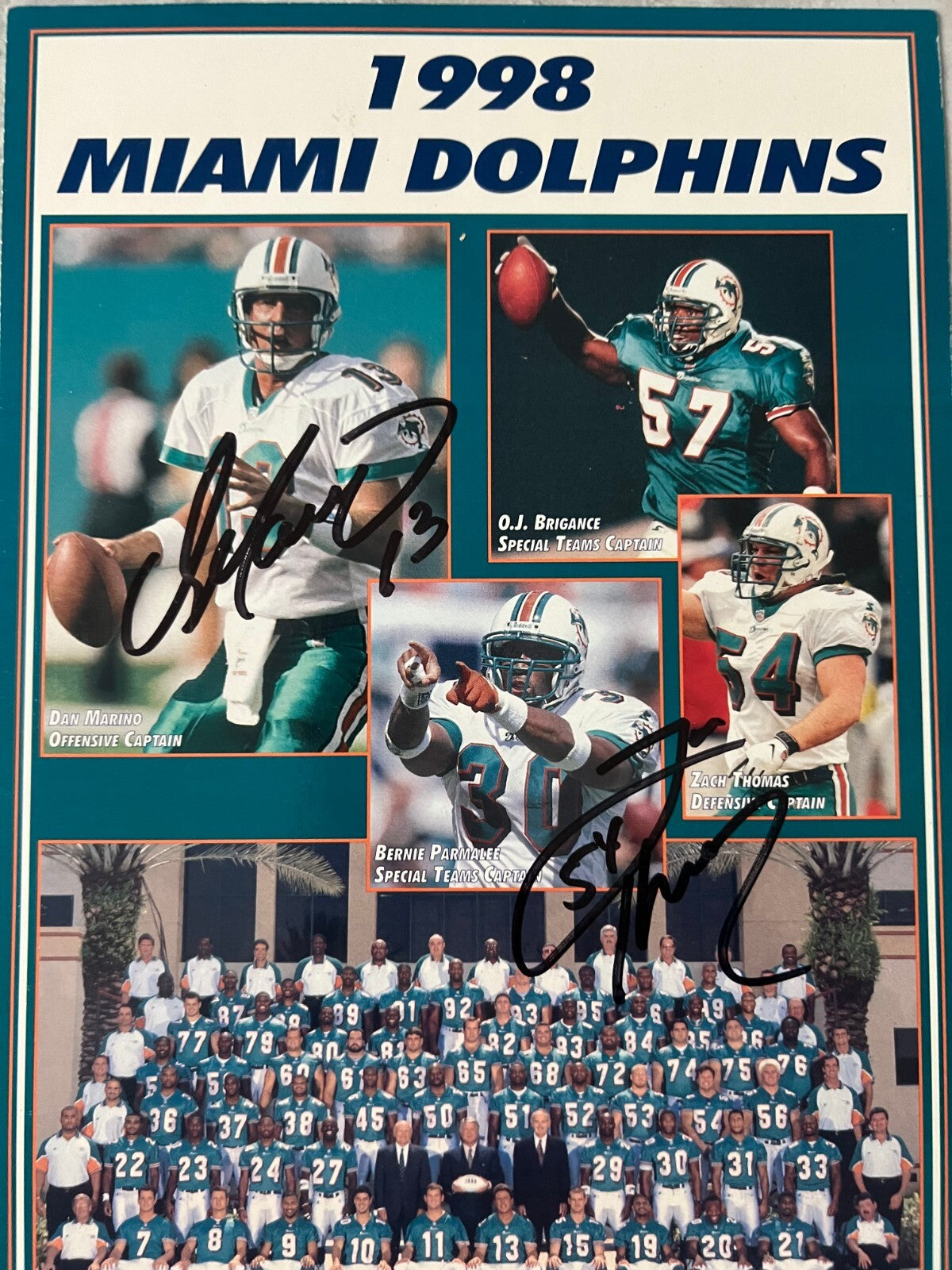 DAN MARINO & ZACH THOMAS MIAMI DOLPHINS DUAL SIGNED AUTO 1998 TEAM PHOTO PSA LOA