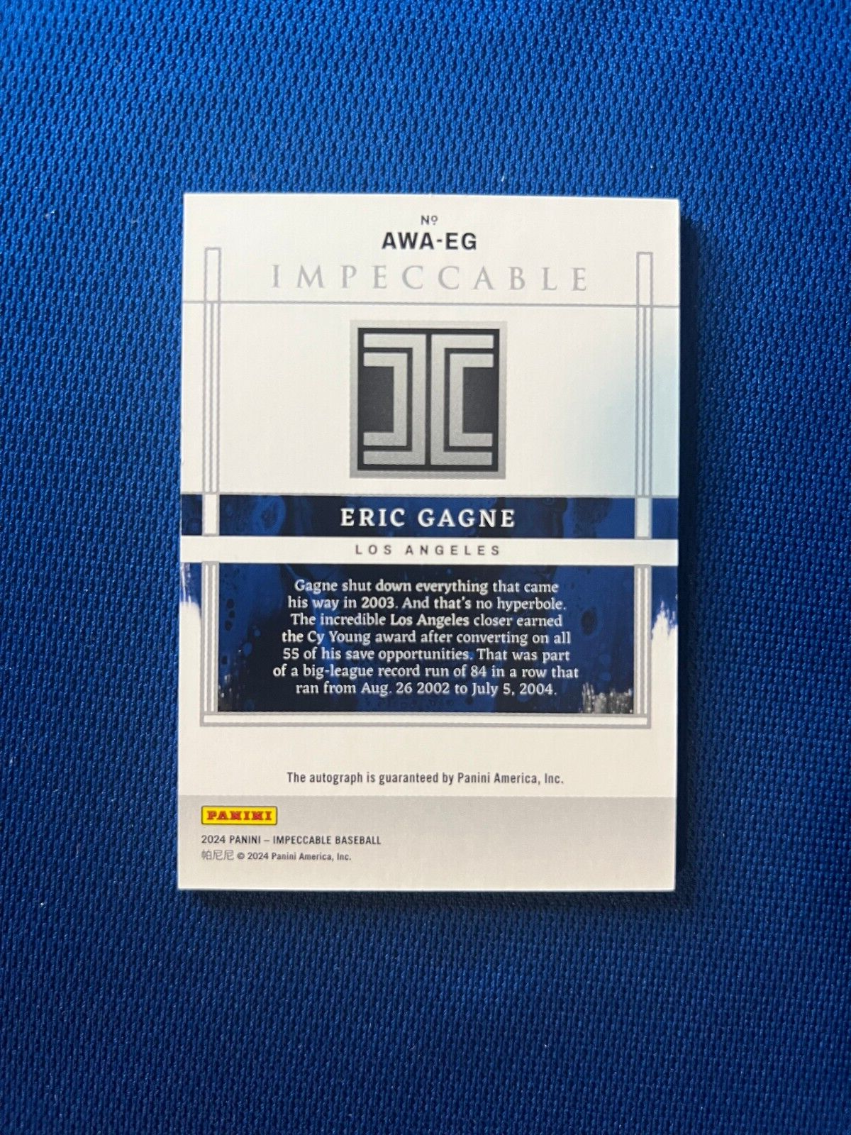 2024 PANINI IMPECCABLE ERIC GAGNE DODGERS AWARD WINNING 2003 CY YOUNG AUTO /49