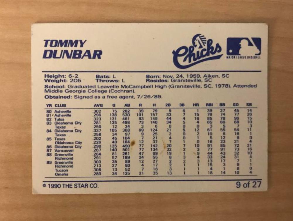 TOMMY DUNBAR MEMPHIS CHICKS SIGNED DECEASED 1990 STAR CARD #9 W/COA
