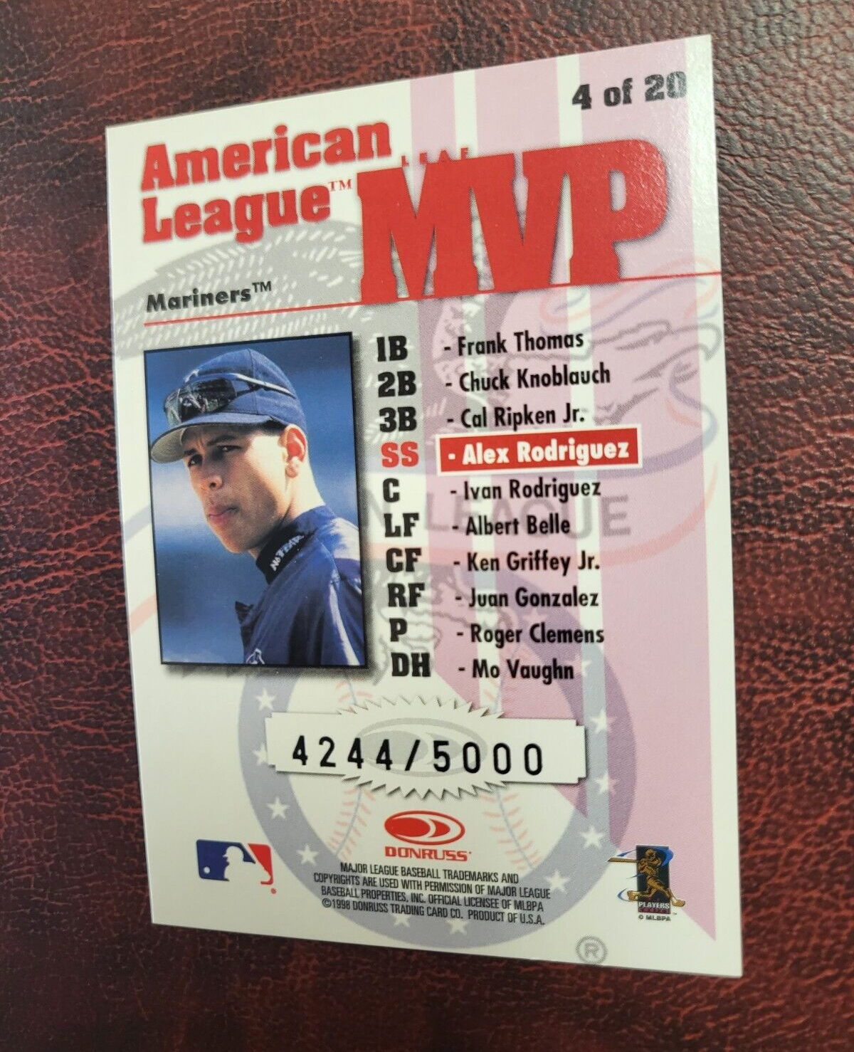 1998 LEAF ROOKIES & STARS LEAF MVP ALEX RODRIGUEZ MARINERS INSERT CARD /5000