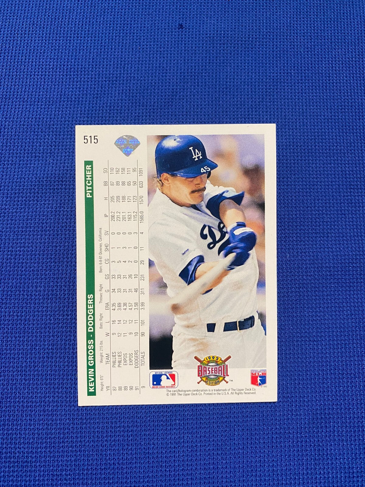 1992 UPPER DECK KEVIN GROSS LA DODGERS SIGNED AUTOGRAPHED AUTO #515 CARD W/COA