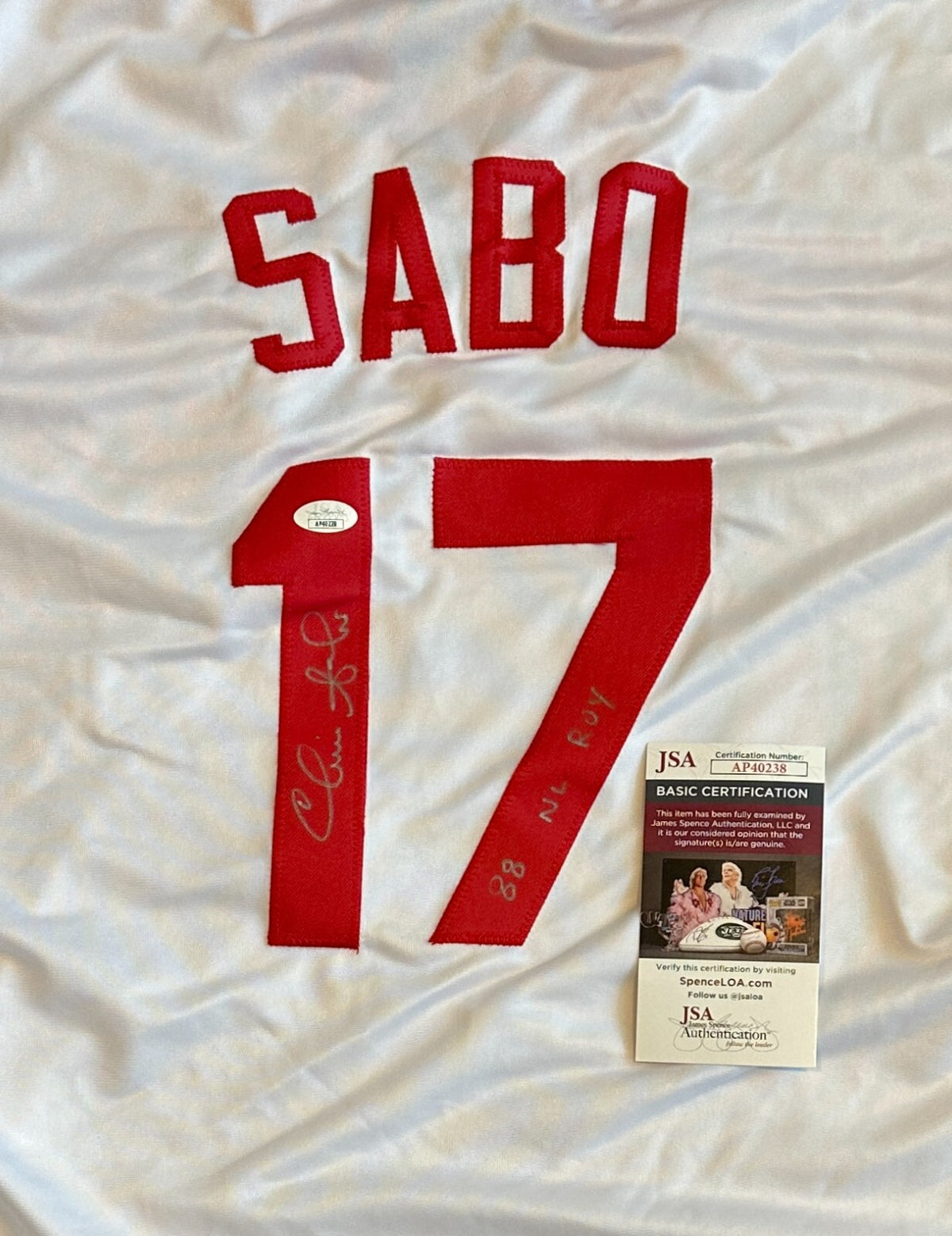 CHRIS SABO REDS SIGNED AUTOGRAPHED WHITE CUSTOM JERSEY SZ XL JSA
