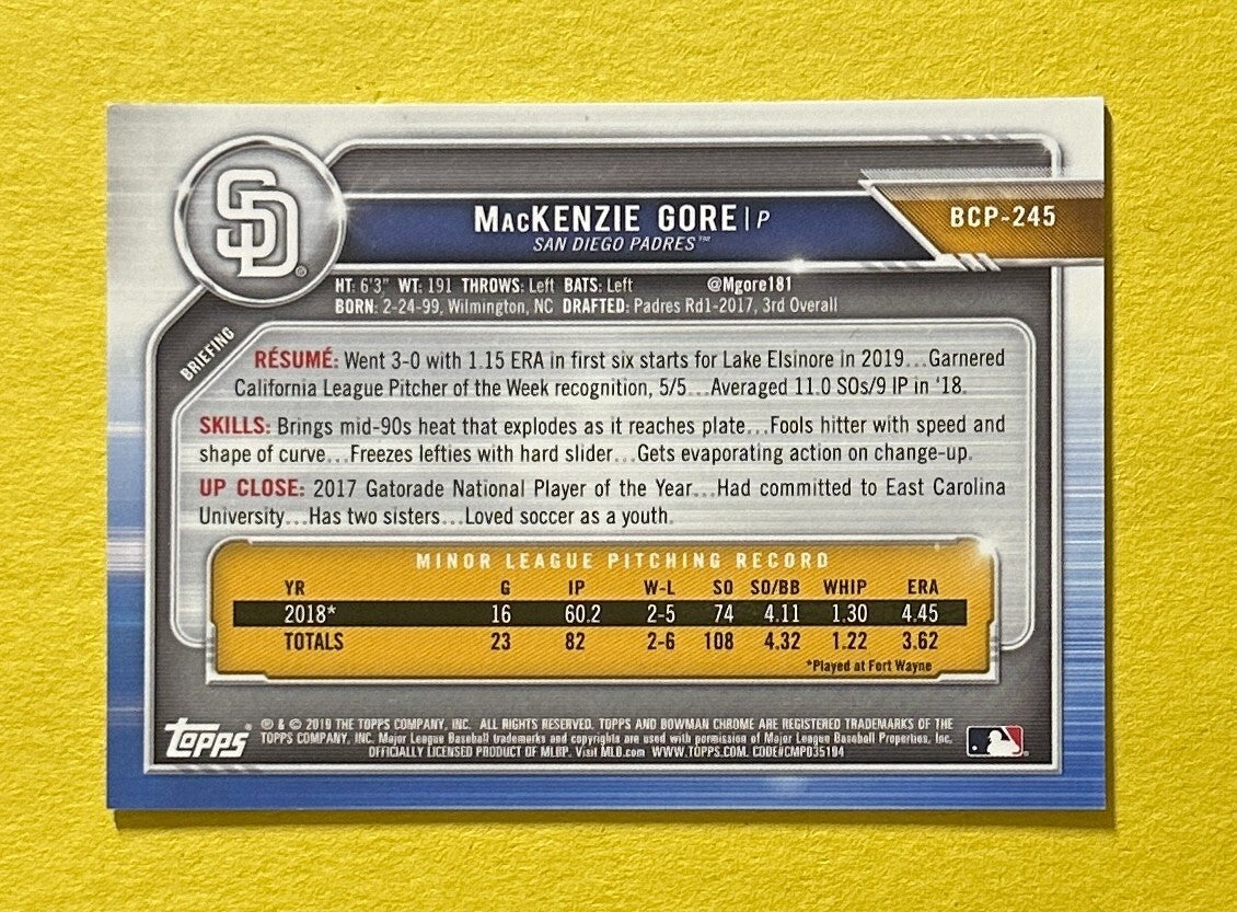 2019 BOWMAN CHROME MACKENZIE GORE PURPLE REFRACTOR /250 #BCP-245 PADRES