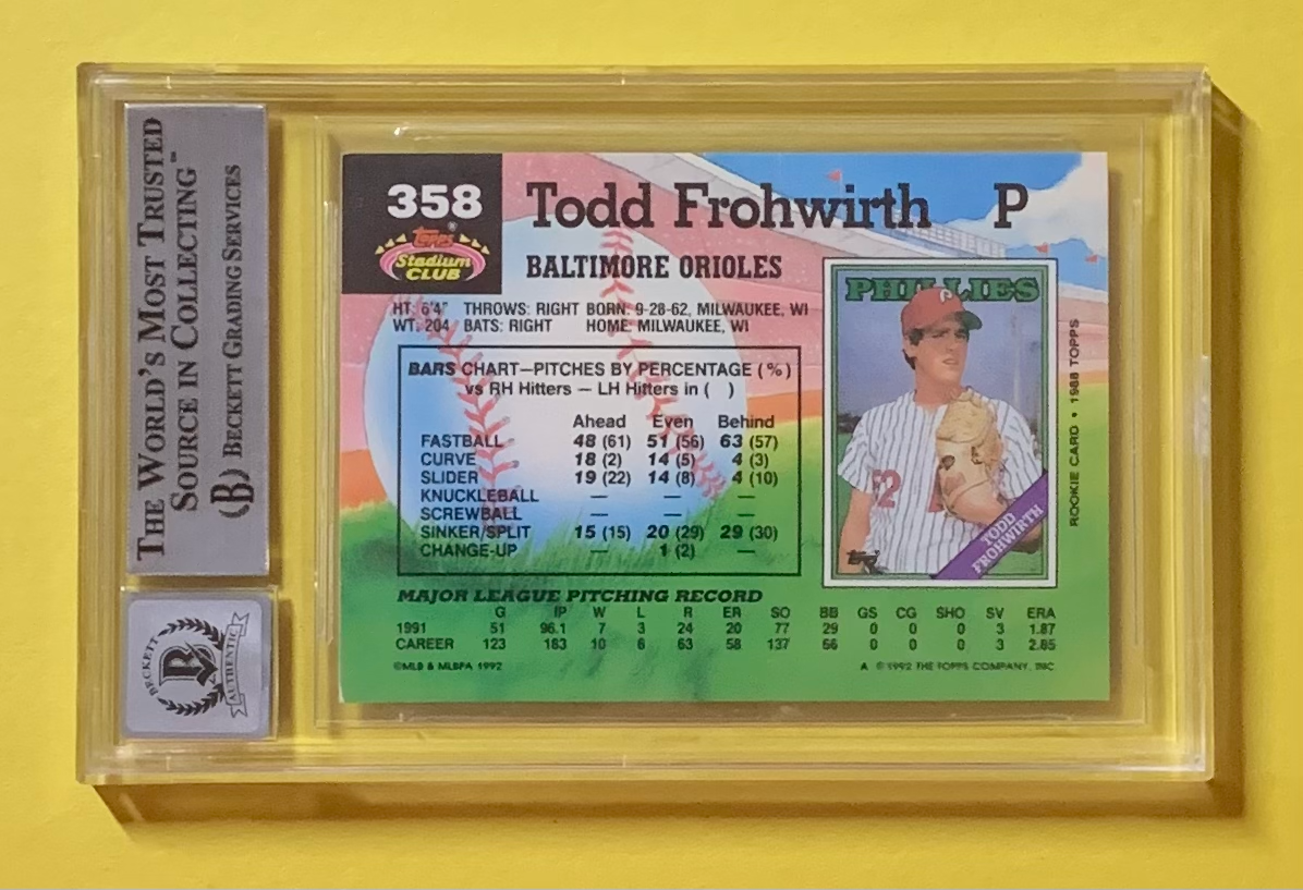 1992 TOPPS STADIUM CLUB TODD FROHWIRTH #358 AUTHENTIC AUTO BECKETT CERTIFIED