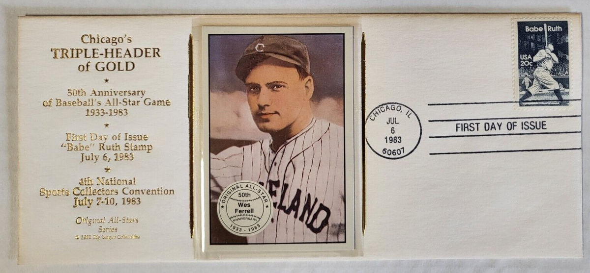 CHICAGO'S TRIPLE-HEADER OF GOLD CACHET FIRST DAY ISSUE BABE RUTH WES FERRELL