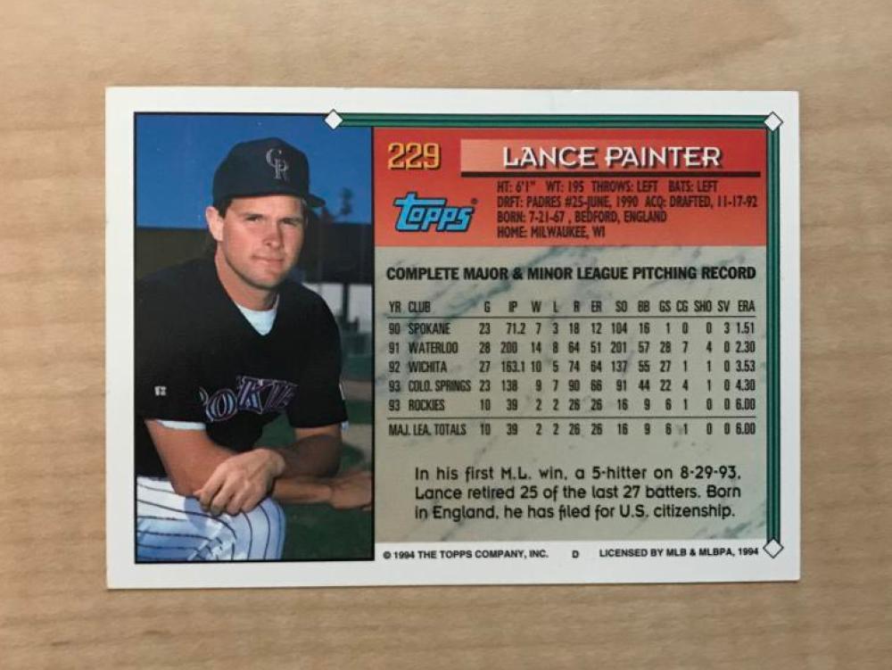 LANCE PAINTER COLORADO ROCKIES SIGNED AUTOGRAPHED 1994 TOPPS CARD #229 W/COA 