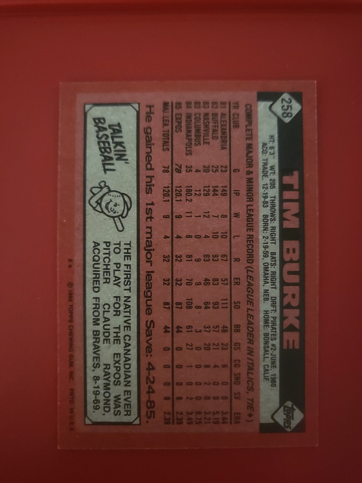 1986 TOPPS TIM BURKE MONTREAL EXPOS SIGNED AUTOGRAPHED AUTO CARD #258