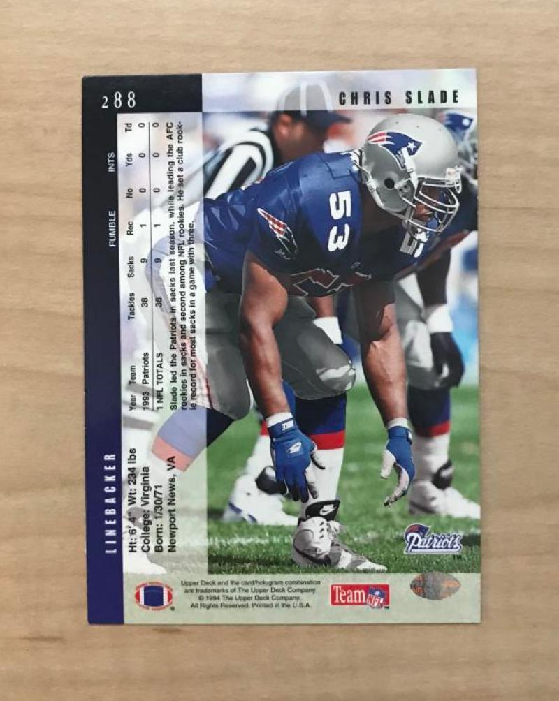 CHRIS SLADE NEW ENGLAND PATRIOTS AUTOGRAPHED 1994 UPPER DECK CARD #288 W/COA 