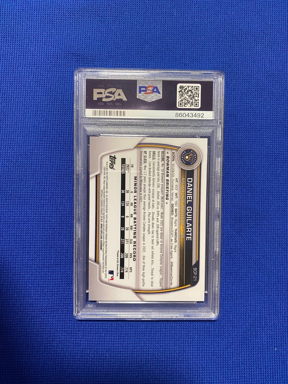 2023 BOWMAN MEGA BOX DANIEL GUILARTE BREWERS CHROME NAVY RC CARD /175 PSA 9 MINT