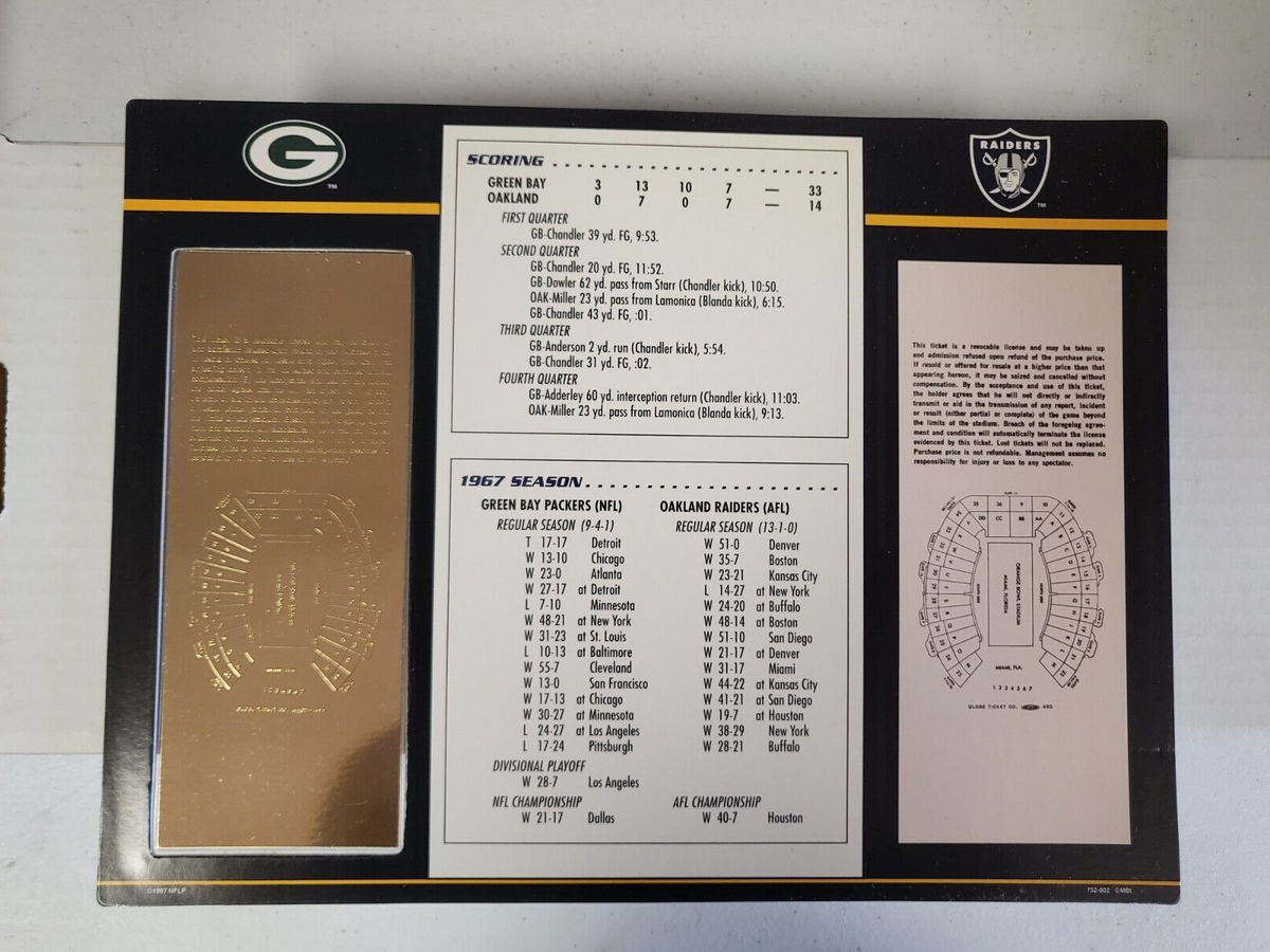 NFL SUPER BOWL II 22KT GOLD TICKET WILLABEE WARD GB PACKERS 33 OAK RAIDERS 14
