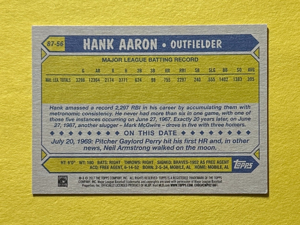 2017 TOPPS HANK AARON 1987-2017 30TH ANNIVERSARY INSERT #87-56 BRAVES HOF