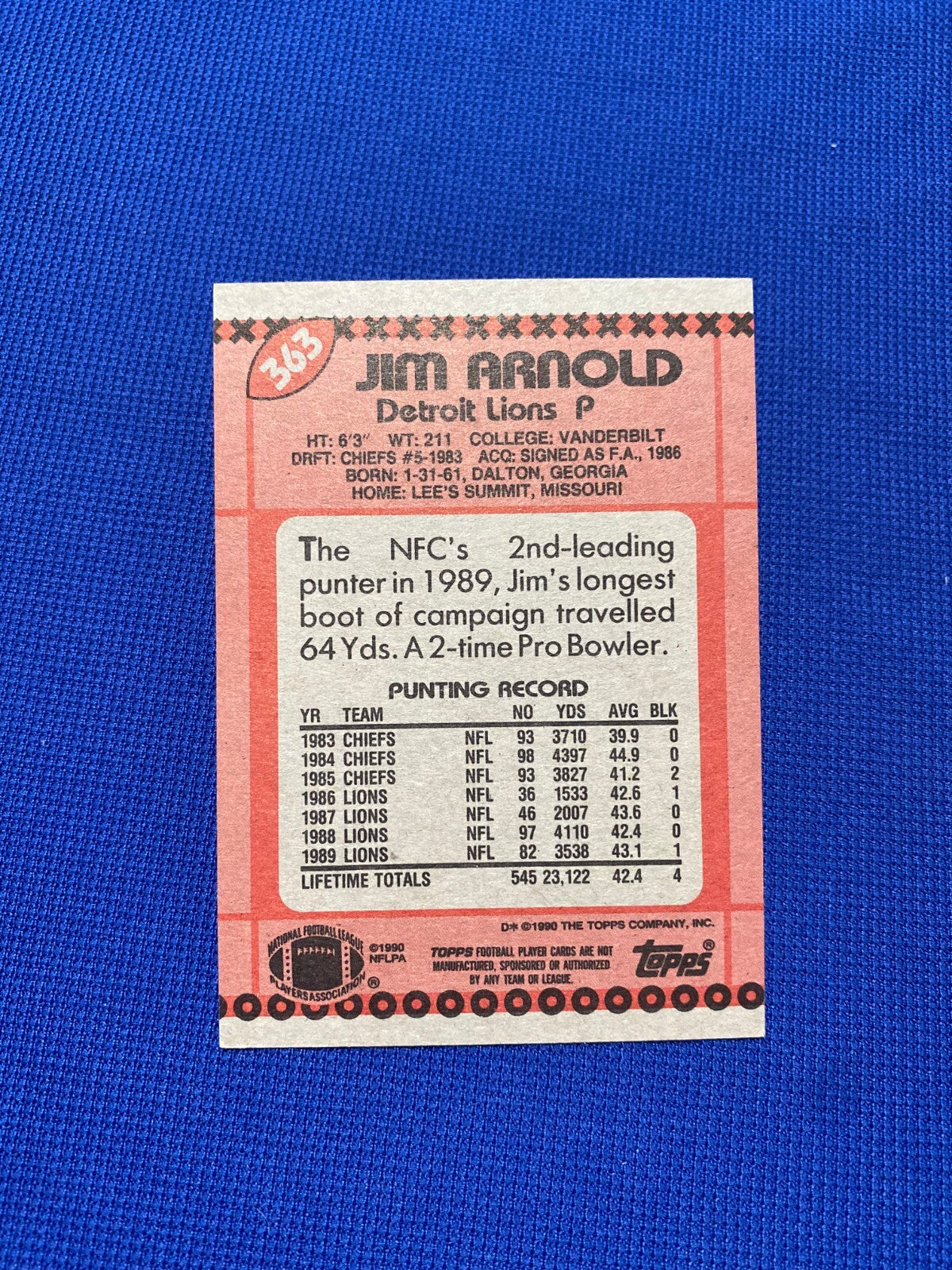 1990 TOPPS JIM ARNOLD DETROIT LIONS SIGNED AUTOGRAPHED AUTO CARD #363 W/COA