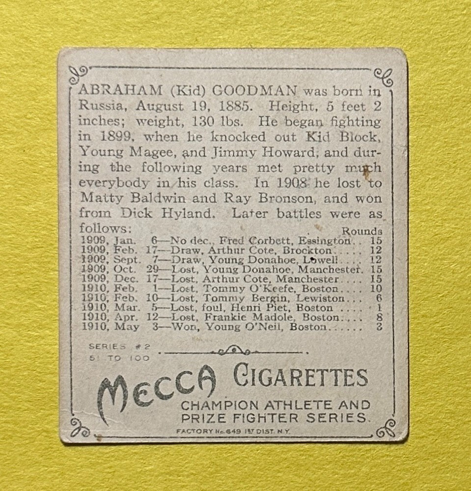 1910 T-218 CHAMPIONS ABE (KID) GOODMAN BOXING CARD