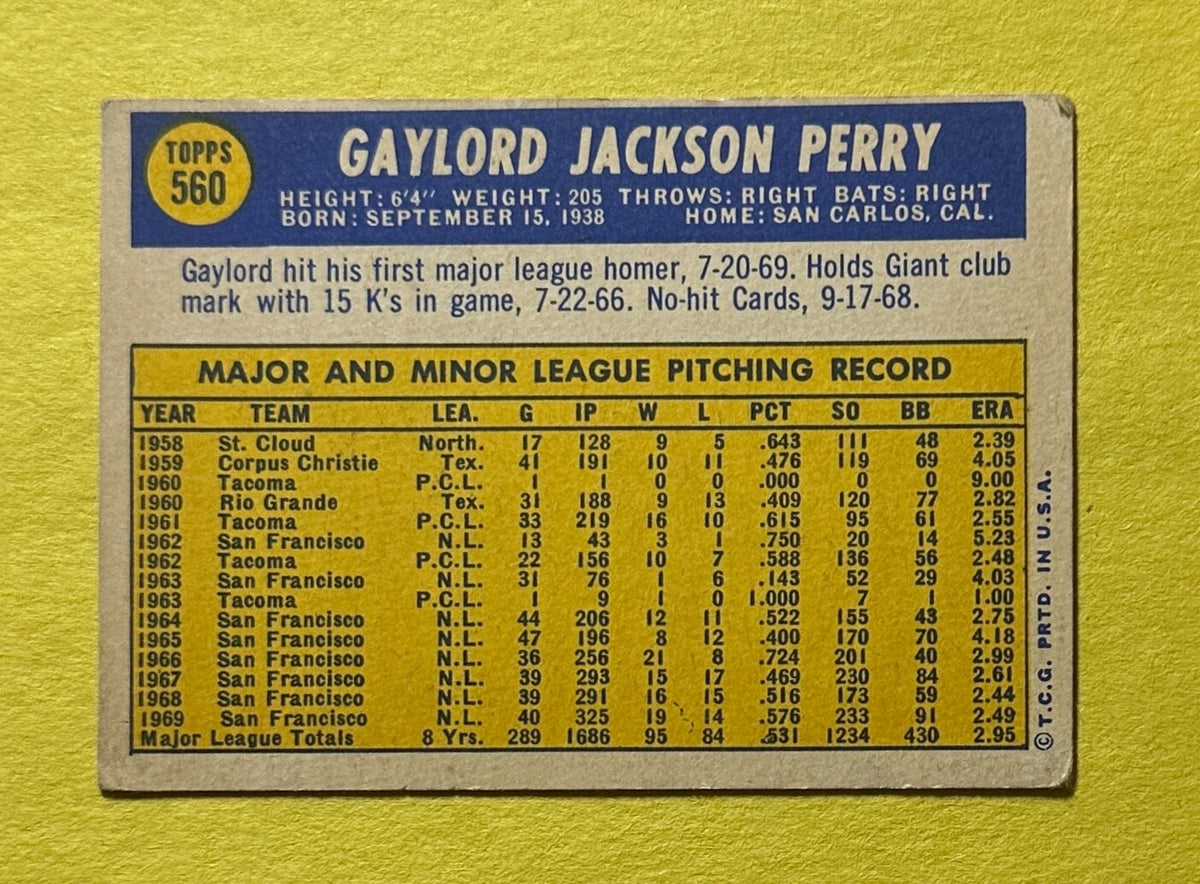 1970 TOPPS GAYLORD PERRY #560 GIANTS HOF