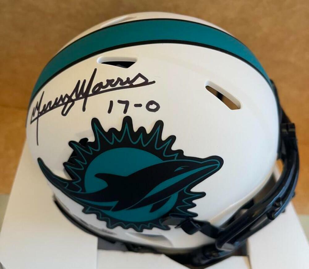 MERCURY MORRIS MIAMI DOLPHINS 17-0 SIGNED LUNAR MINI HELMET BAS AA43026