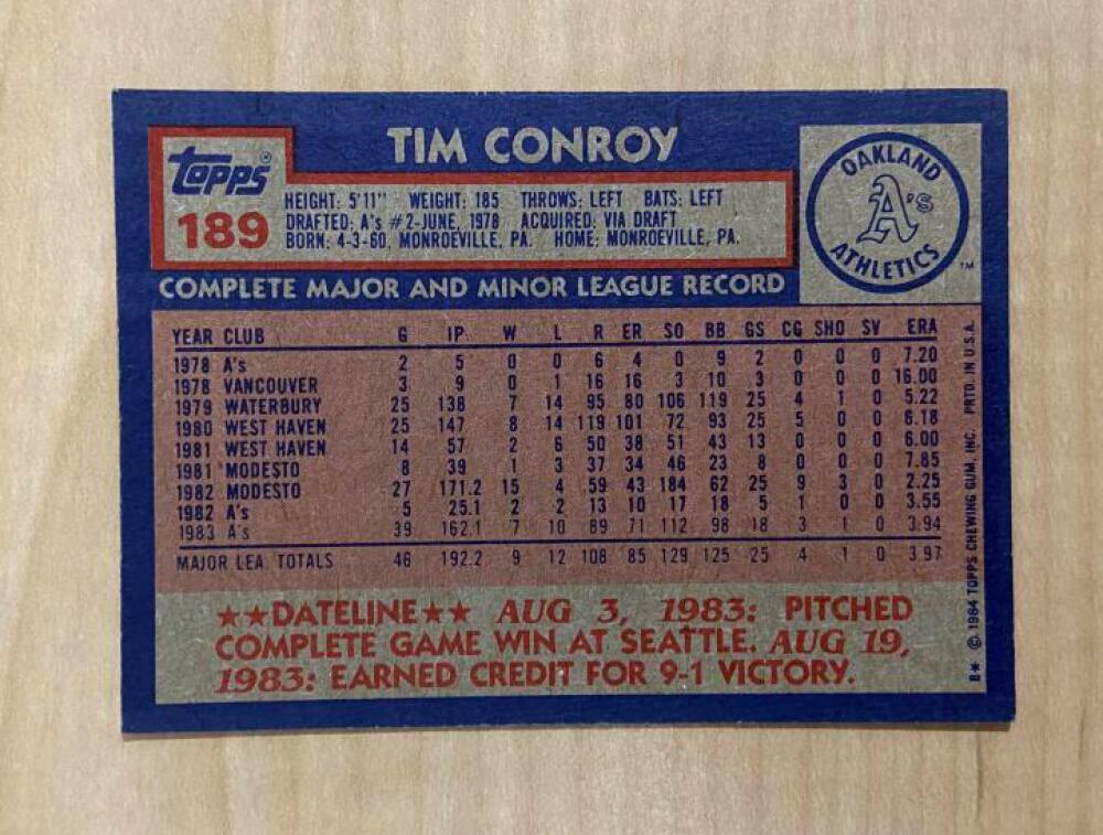 TIM CONROY OAKLAND ATHLETICS SIGNED AUTOGRAPHED 1984 TOPPS CARD #189 W/COA 