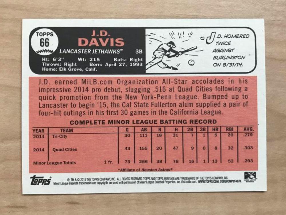 J.D. DAVIS LANCASTER JETHAWKS SIGNED AUTOGRAPHED 2015 TOPPS CARD #66 W/COA