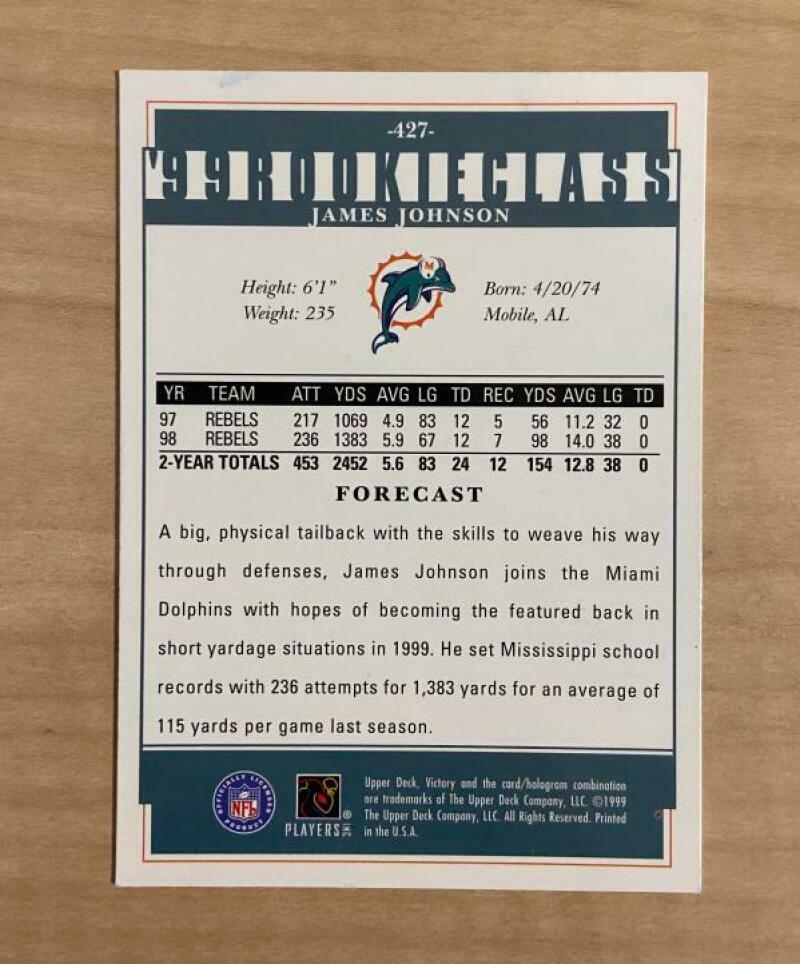 JAMES JOHNSON MIAMI DOLPHINS SIGNED AUTOGRAPHED 1999 VICTORY CARD #427 W/COA