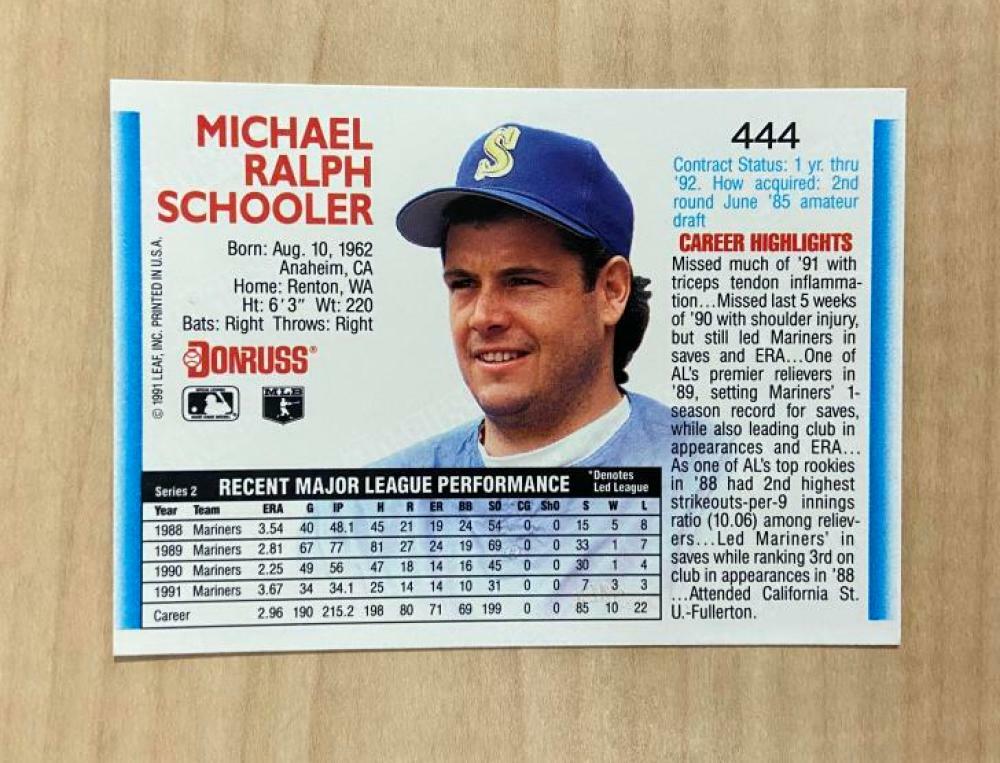 MIKE SCHOOLER SEATTLE MARINERS SIGNED AUTOGRAPHED 1992 DONRUSS CARD #444 W/COA