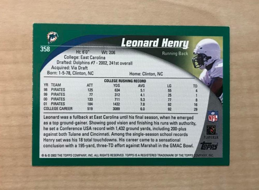 LEONARD HENRY MIAMI DOLPHINS SIGNED AUTOGRAPHED 2002 TOPPS CARD #358 W/COA