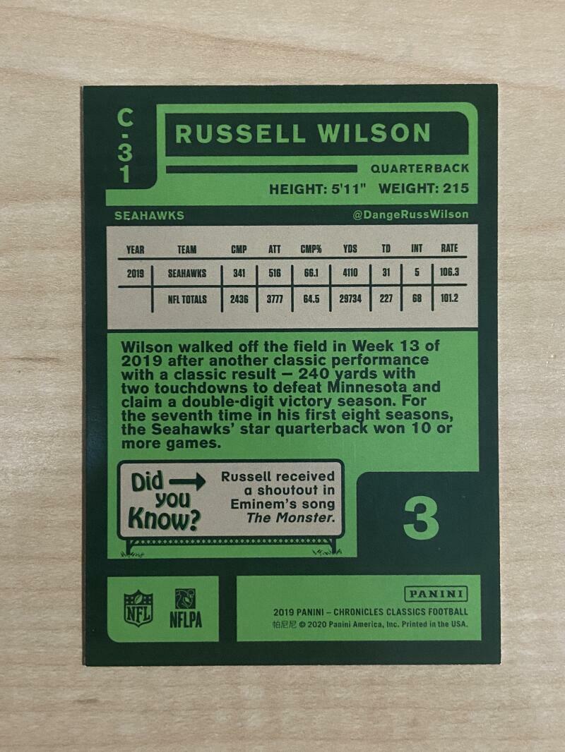 2019 PANINI CHRONICLES CLASSIC RUSSELL WILSON SEAHAWKS 13/99