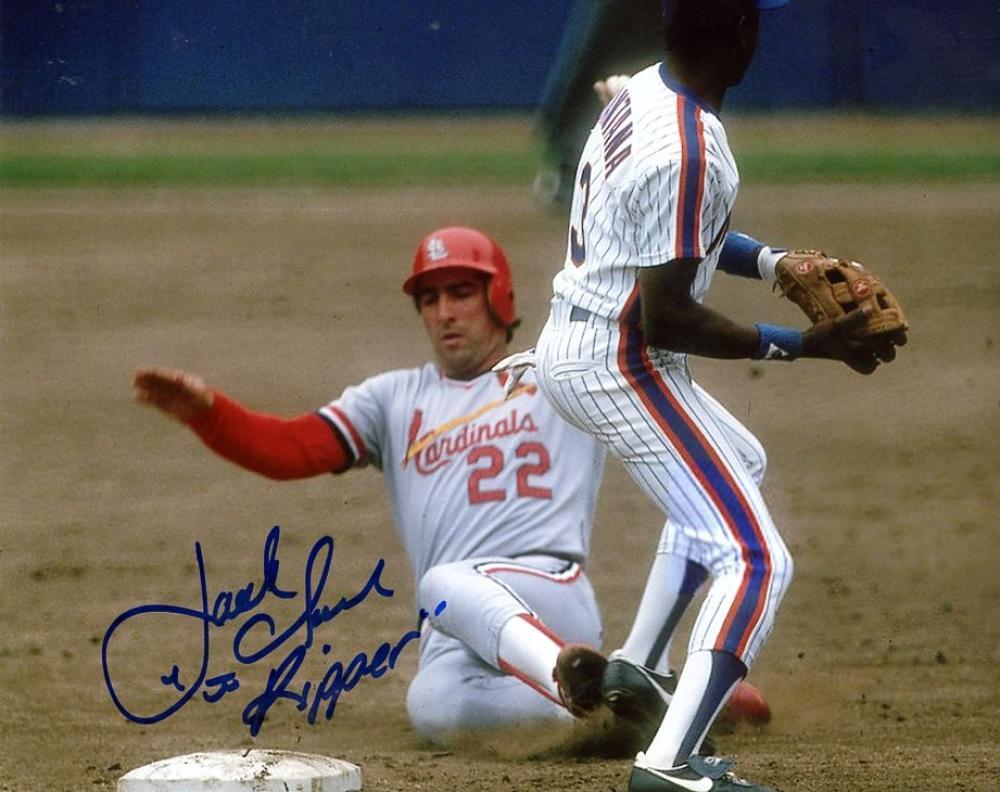 JACK CLARK CARDINALS THE RIPPER SLIDING SIGNED AUTOGRAPHED 8X10 PHOTO W/COA