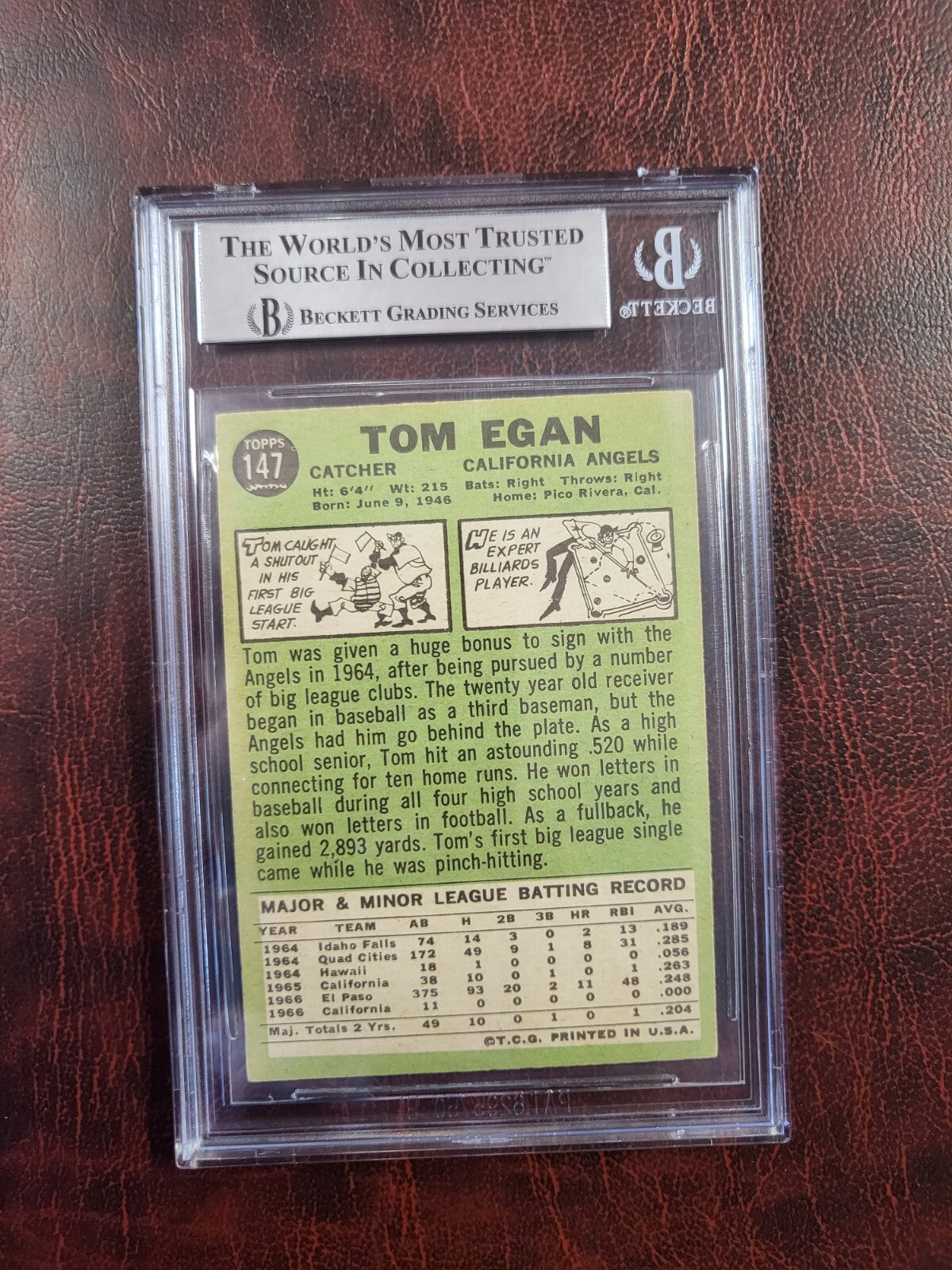1967 TOPPS TOM EGAN ANGELS SIGNED AUTOGRAPH #147 CARD BECKETT AUTH