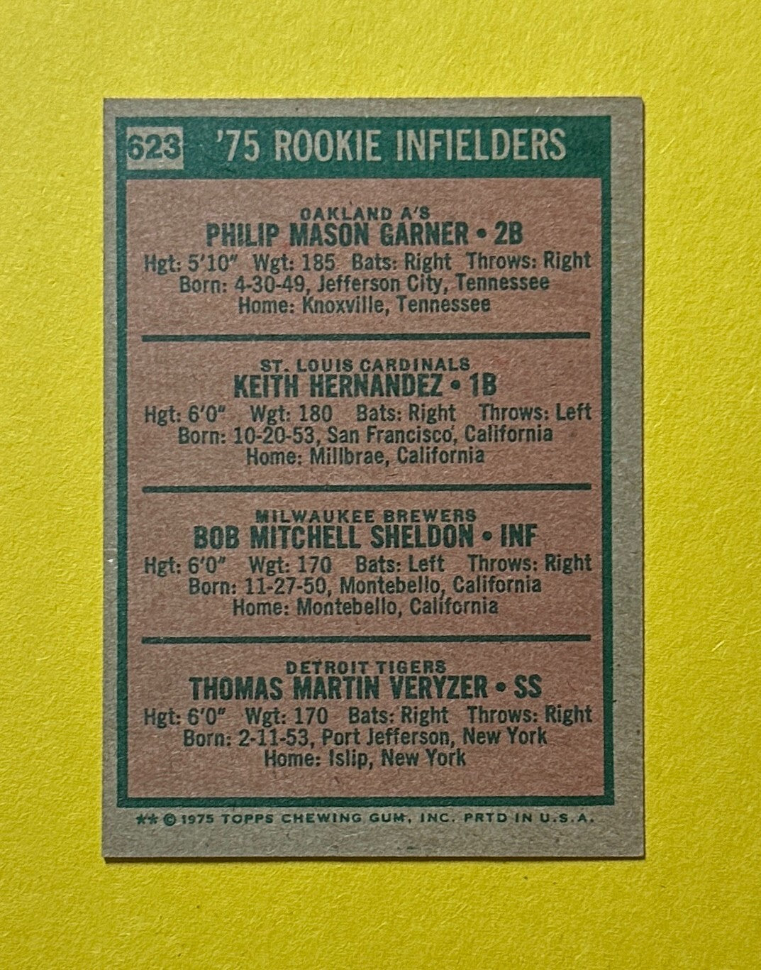 1975 TOPPS ROOKIE INFIELDERS KEITH HERNANDEZ GARNER SHELDON VERYZER #623