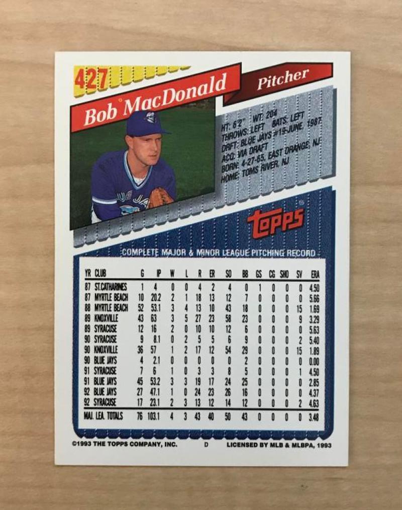BOB MACDONALD TORONTO BLUE JAYS SIGNED AUTOGRAPHED 1993 TOPPS CARD #427 W/COA