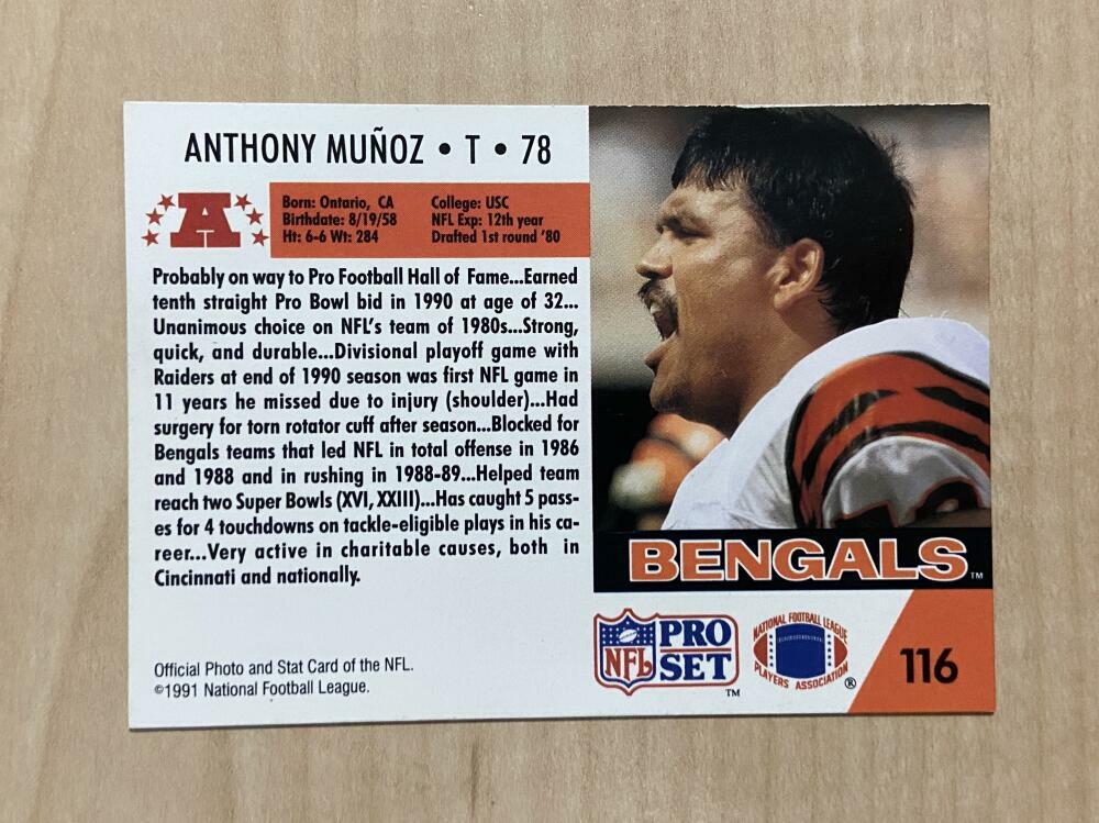 ANTHONY MUNOZ CINCINNATI BENGALS SIGNED AUTOGRAPHED 1991 PRO SET CARD #116 W/COA